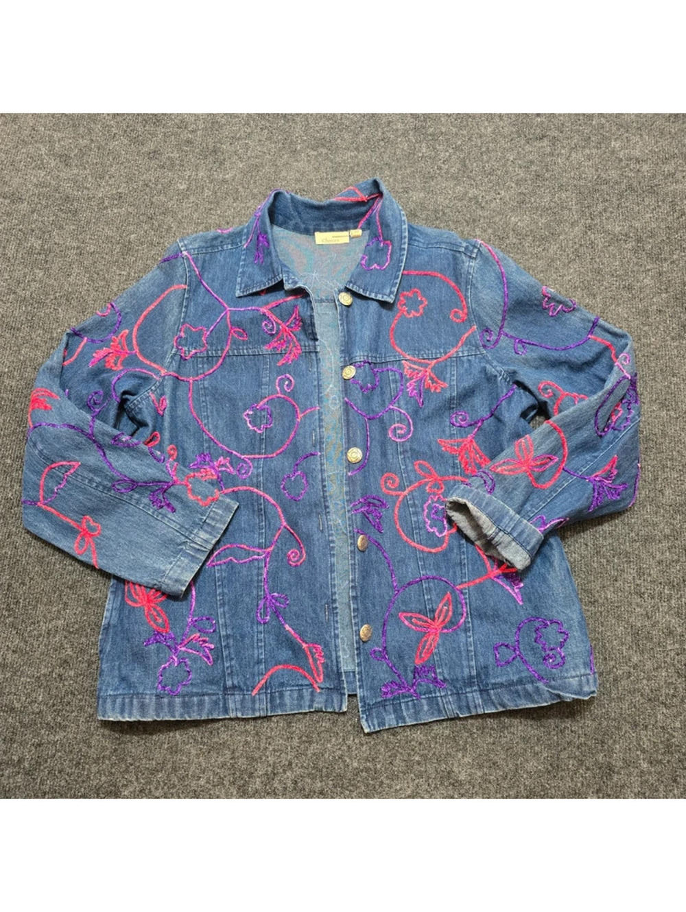 Choices Embroidered Denim Jacket Womens L Blue Jean Pink Purple Floral Button Up